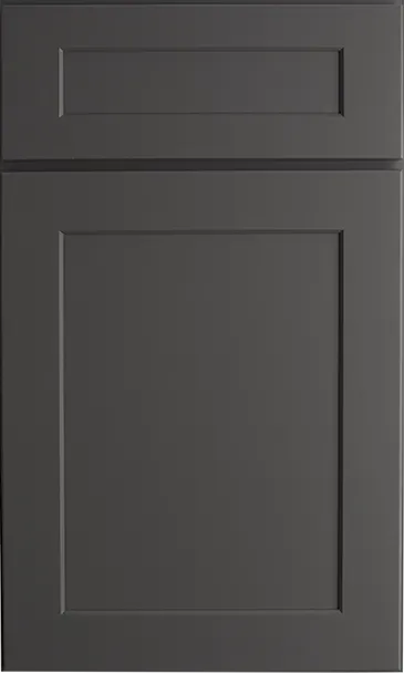 Gray kitchen cabinet door with a recessed center panel and a rectangular top panel.