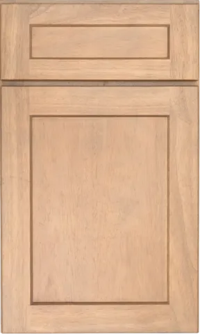 Light-colored, wooden cabinet door with a recessed panel and a smaller upper panel.