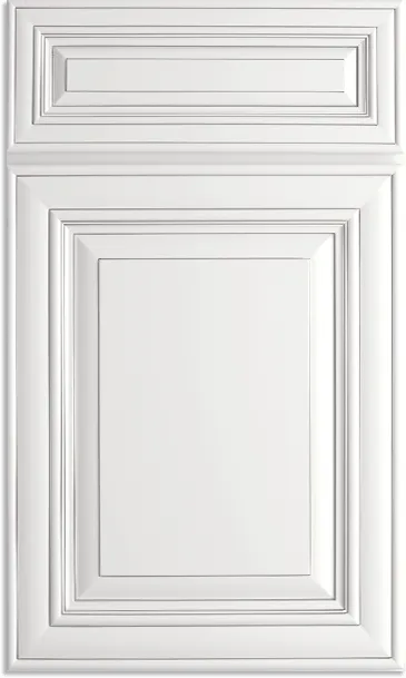 White kitchen cabinet door with recessed panel and decorative molding.
