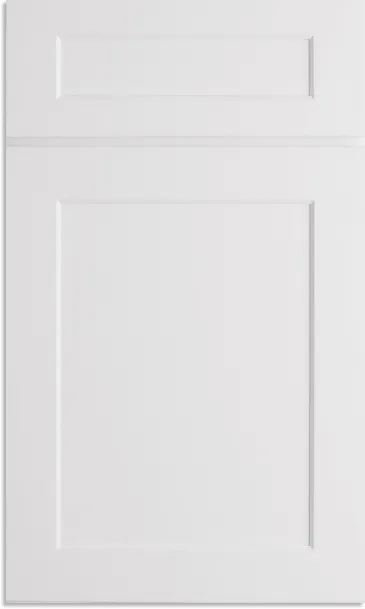 White kitchen cabinet door with a raised panel and a small upper panel.