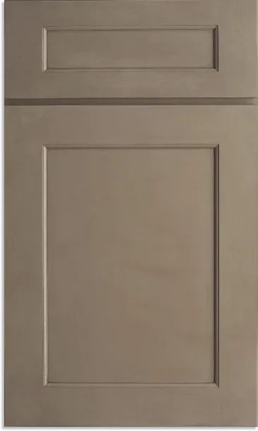 A wooden kitchen cabinet door with a rectangular recessed panel, in a neutral taupe color.