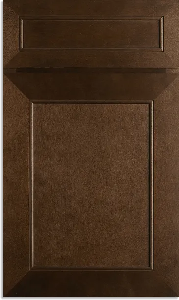 Brown cabinet door with raised panels and a textured finish.