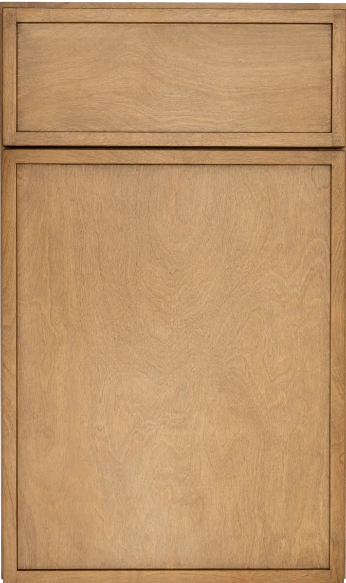 Light brown wood cabinet door with inset upper and lower panels.