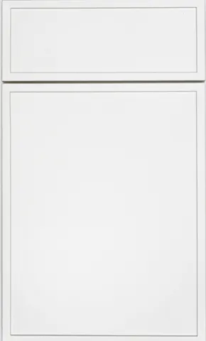 White, minimalist kitchen cabinet with rectangular door and small upper cabinet.
