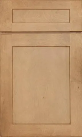 Tan-colored cabinet door with a recessed panel and a smaller rectangular detail at the top.