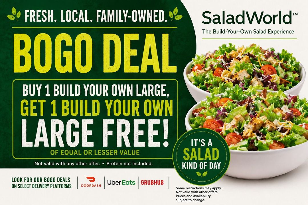 SaladWorld BOGO deal ad with two large salads on a green background and bold yellow offer text