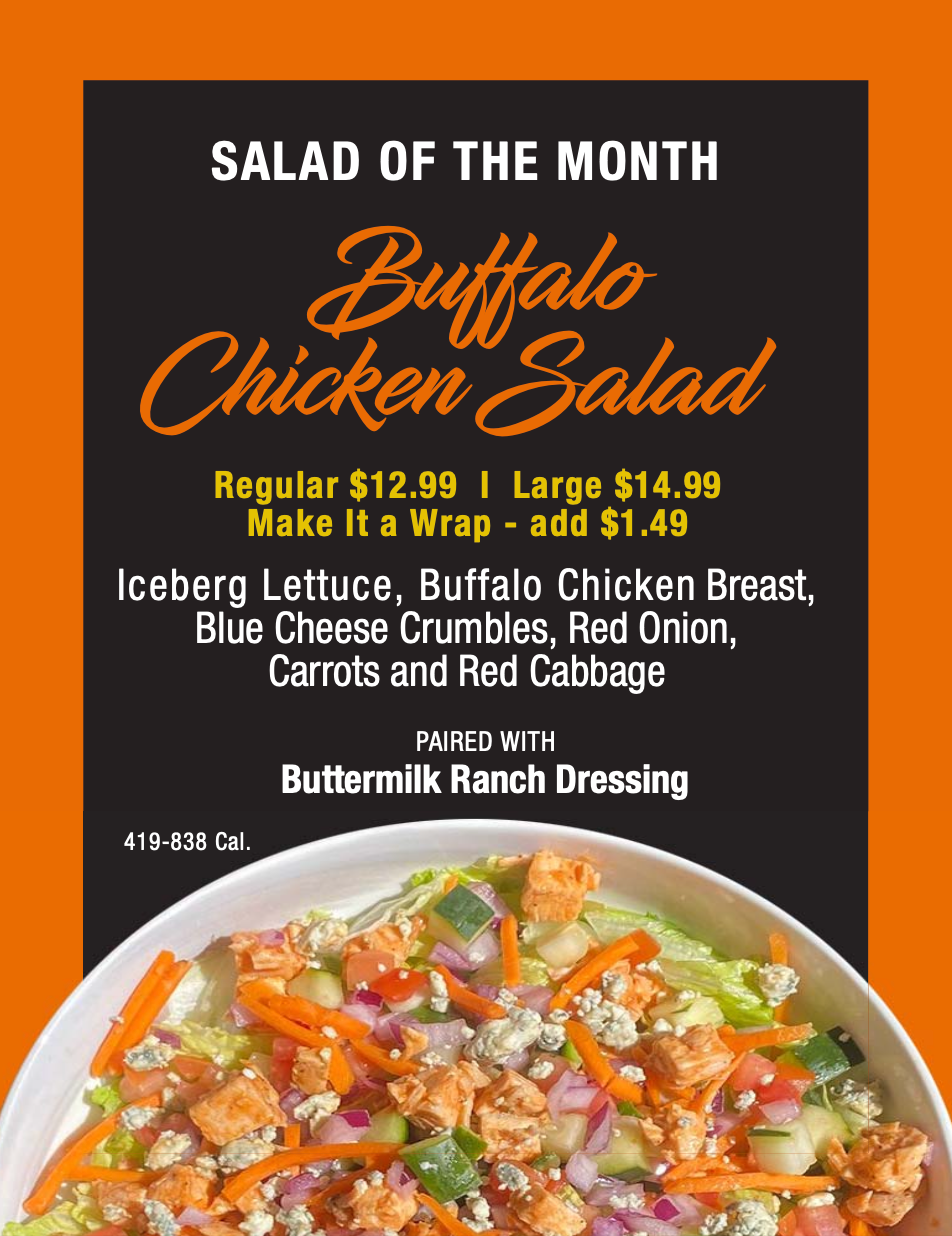 Salad of the Month menu sign for Buffalo Chicken Salad, listing ingredients and pricing against an orange background.