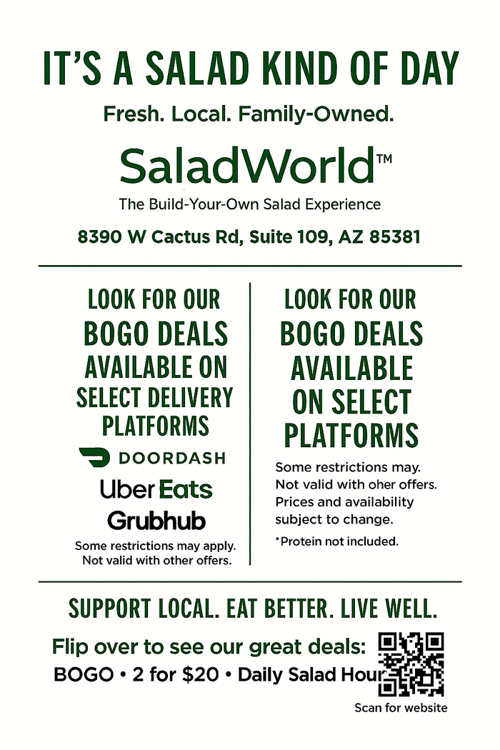 SaladWorld promo flyer for salad bowls, DoorDash/Uber Eats/Grubhub deals, and QR code for ordering