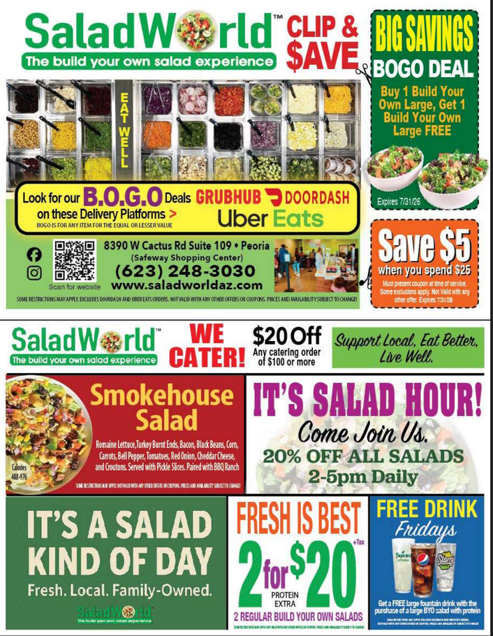 Salad World coupon ad with multiple green and red food specials, catering, and buffet deals
