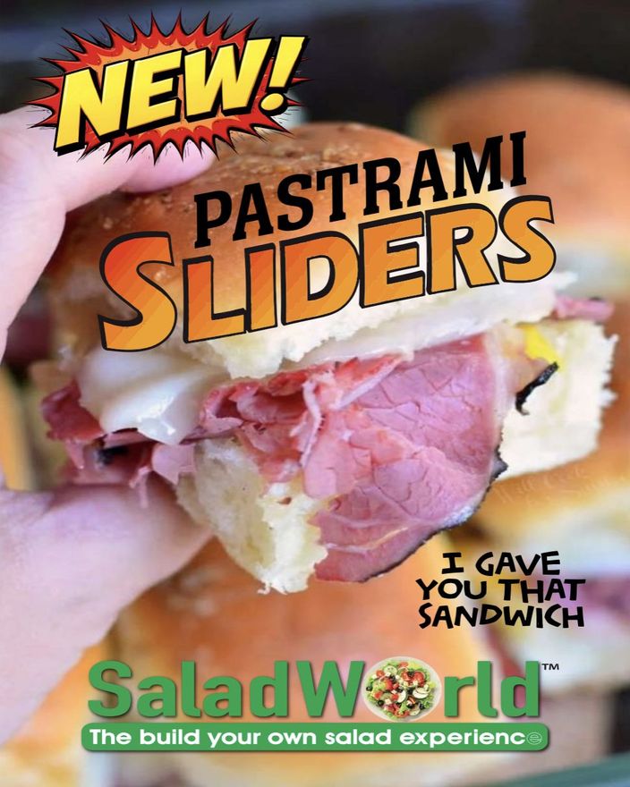 A hand holding a pastrami slider, with the words 'NEW!' and 'PASTRAMI SLIDERS'. Salad World logo at the bottom.