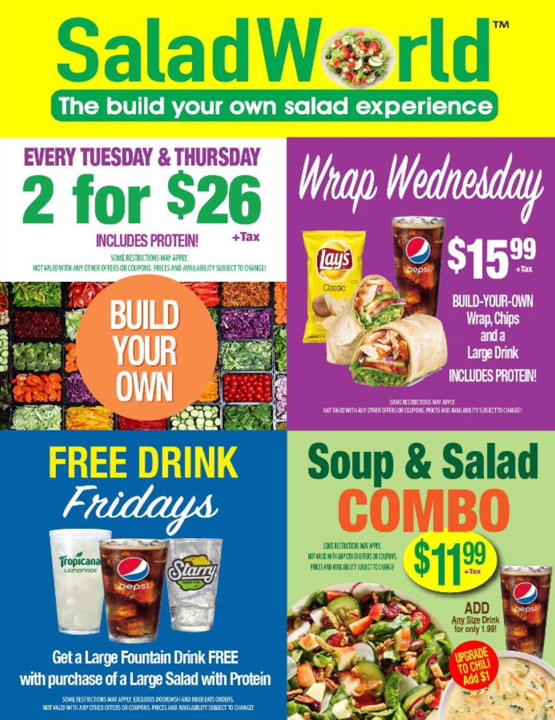 A salad world advertisement shows a wrap wednesday and a soup and salad combo.