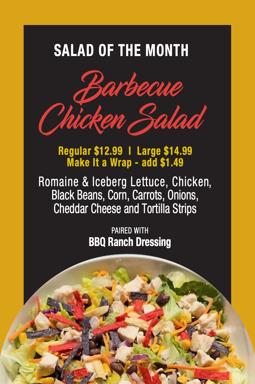 A poster for the salad of the month greek salad