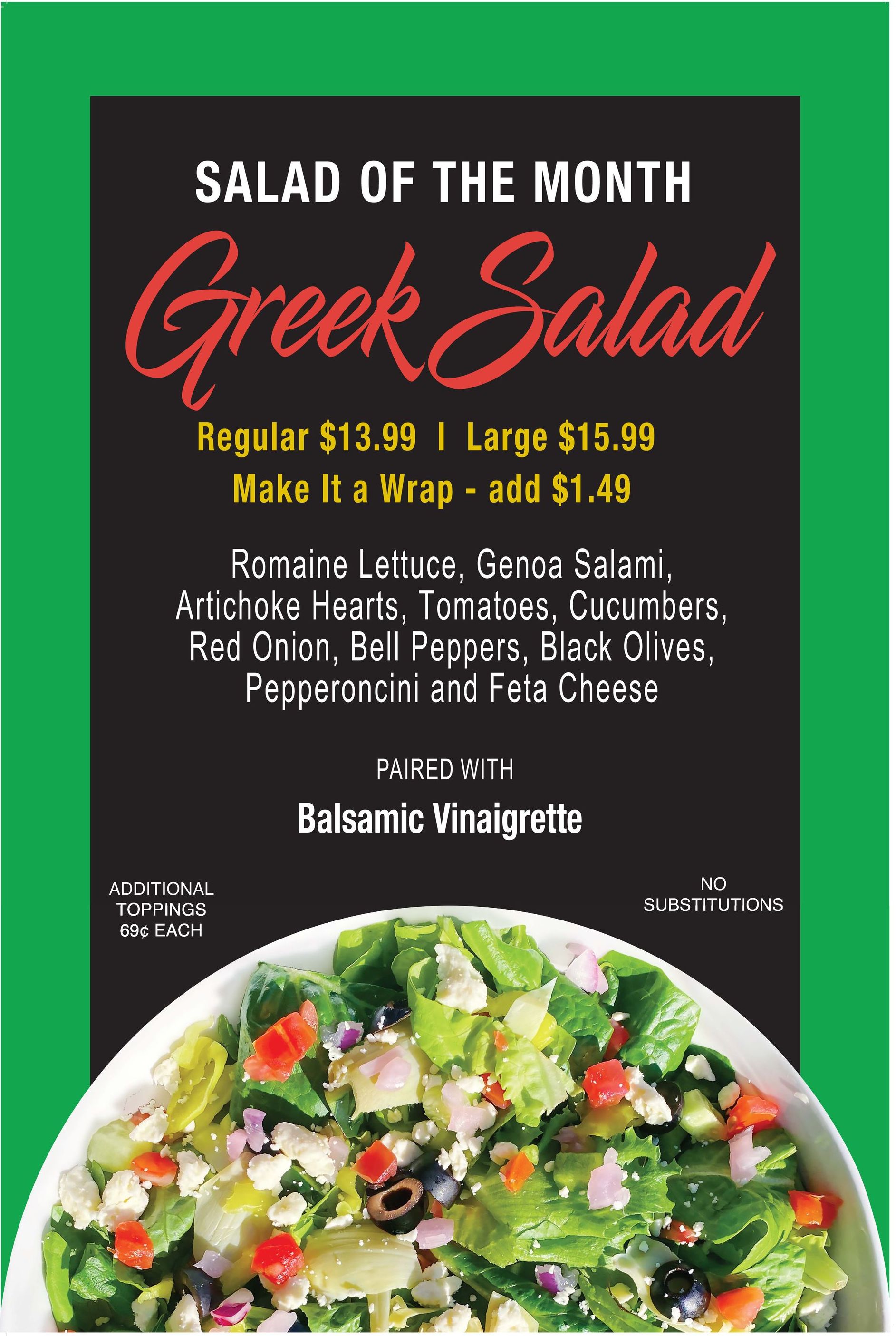 A poster for the salad of the month greek salad