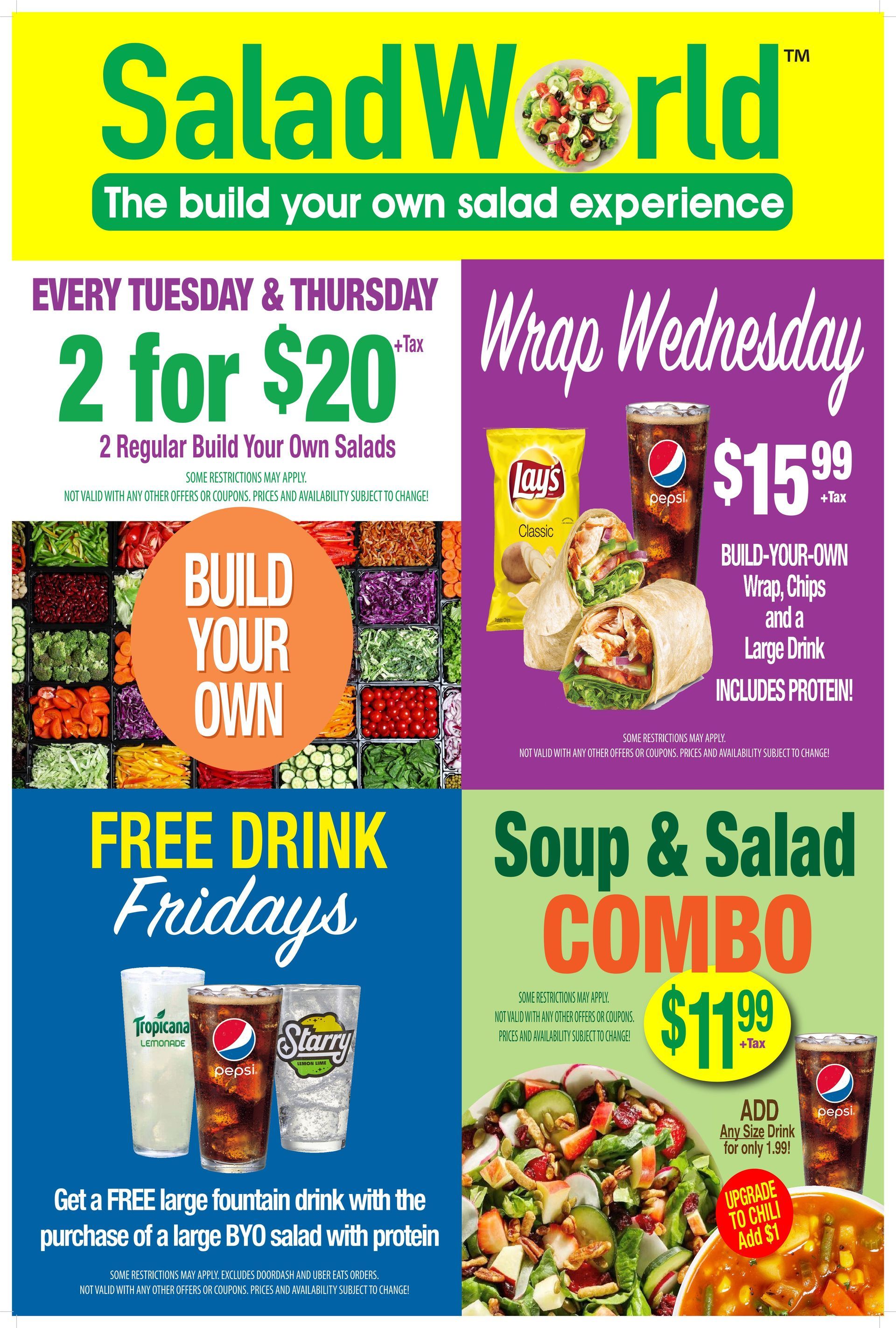 A salad world advertisement shows a wrap wednesday and a soup and salad combo.