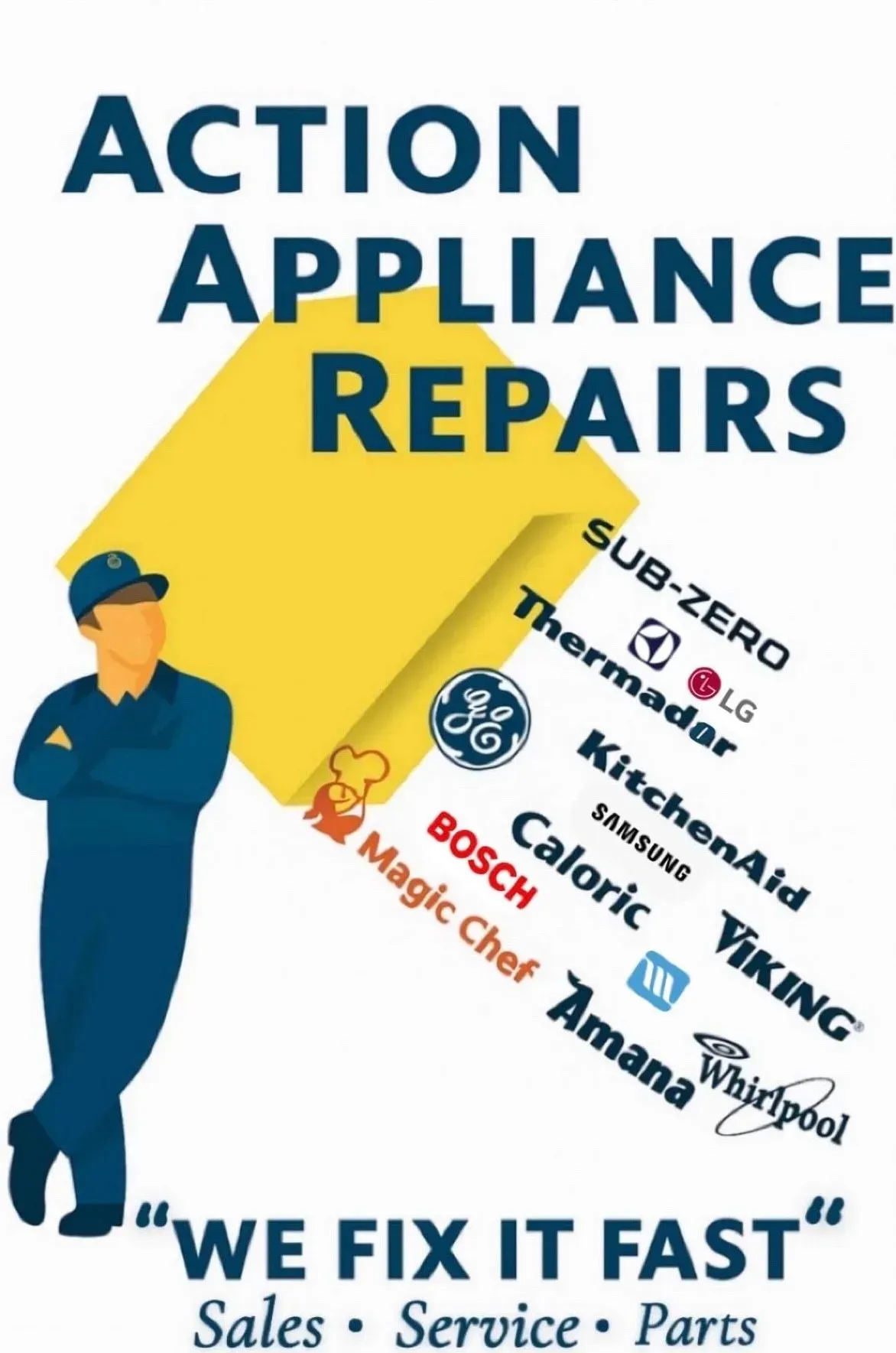 Action Appliance Repairs logo with blue repair person, yellow background, and appliance brand names.