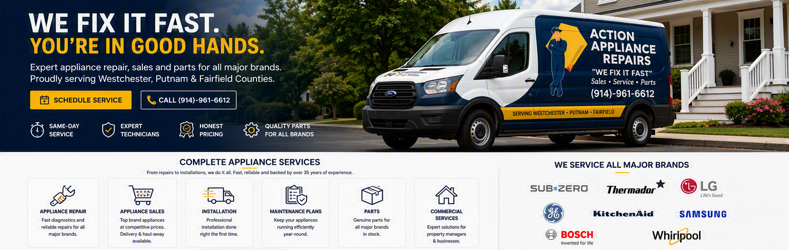 White service van with tools and brand logos under slogan “We fix it fast. You’re in good hands.”