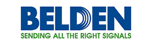 A blue and green logo for belden sending all the right signals