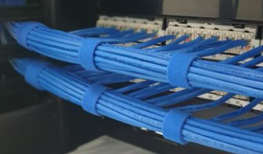 A bunch of blue wires are connected to each other on a rack.