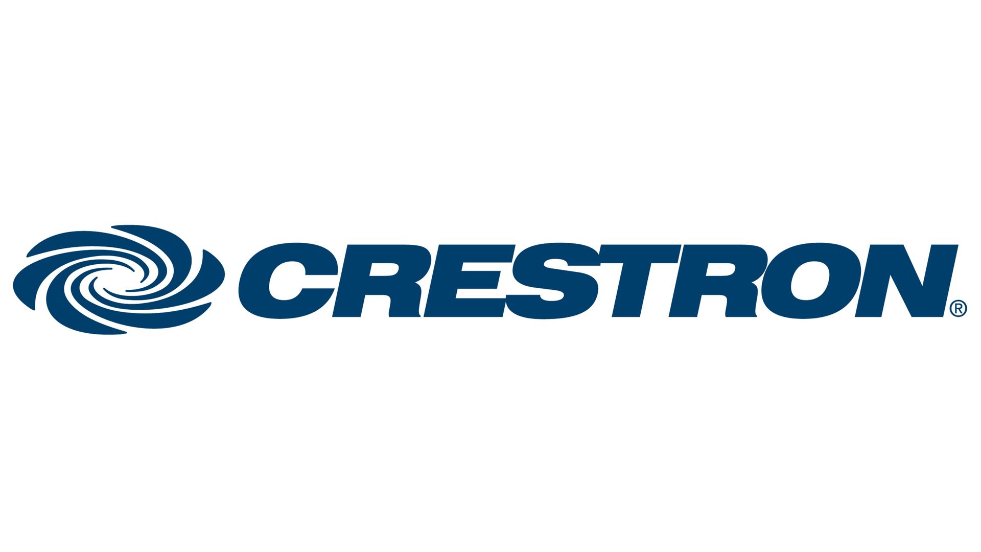 Crestron logo in blue with stylized swirl icon on a white background