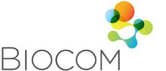 A logo for biocom with a colorful flower on a white background.