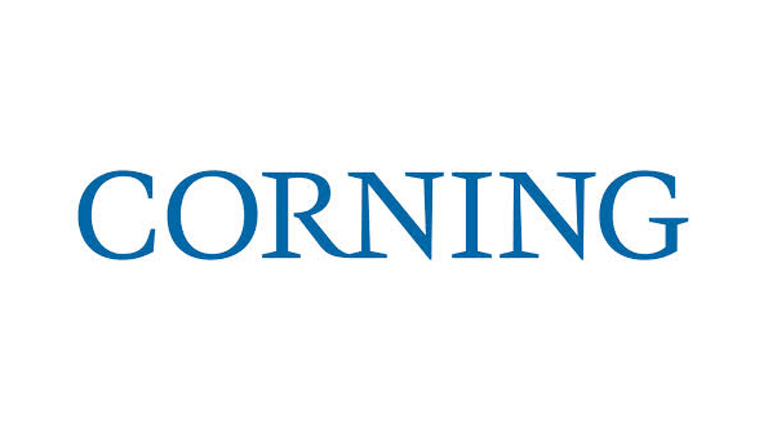 The corning logo is blue and white on a white background.