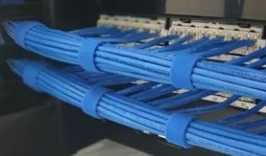 A bunch of blue cables are stacked on top of each other on a rack.