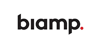 A black and white logo for biamp on a white background.