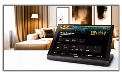 A black digital home control tablet displaying a