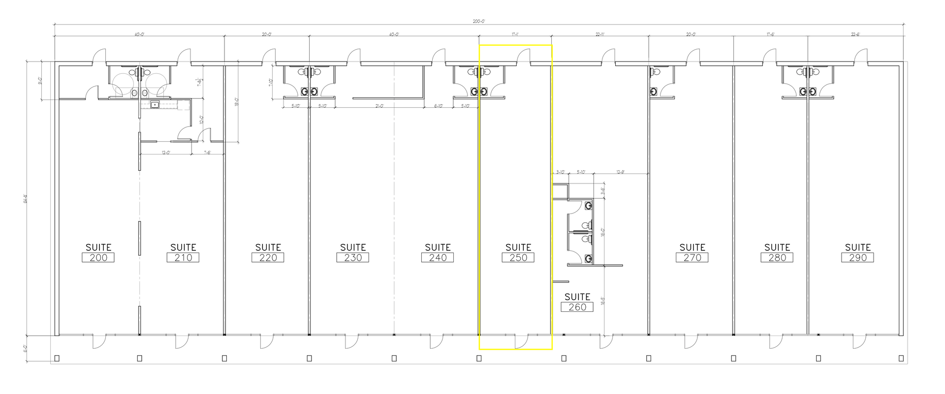 A floor plan of a building with a yellow line in the middle.