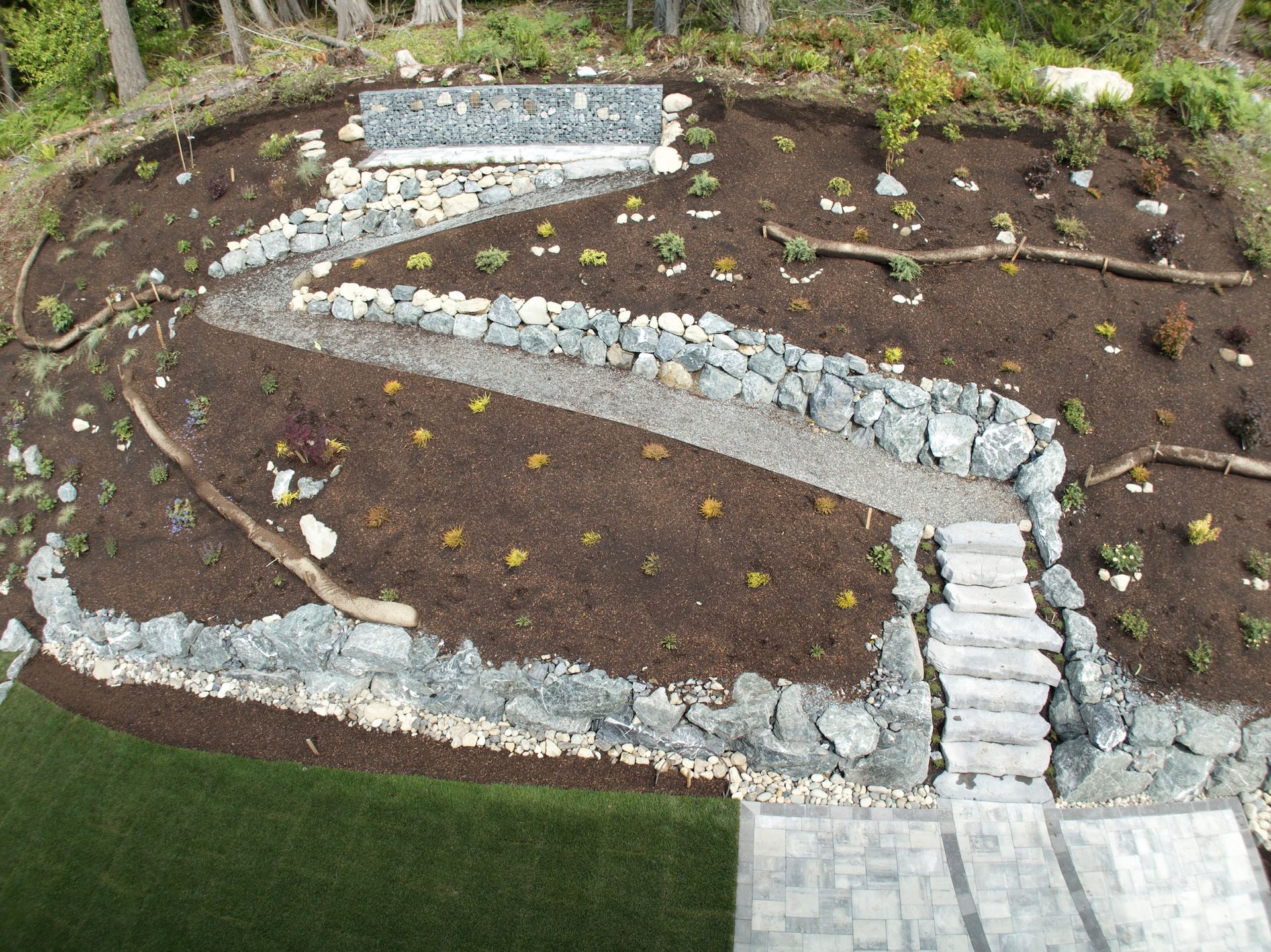 An aerial view of a garden with rocks and plants