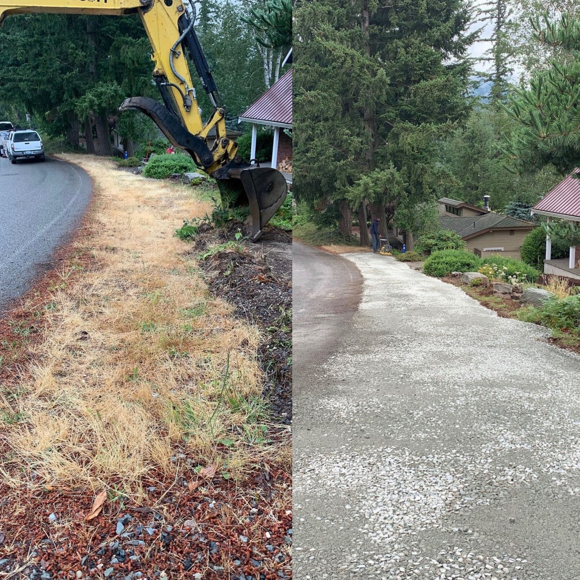A before and after picture of a driveway being built.