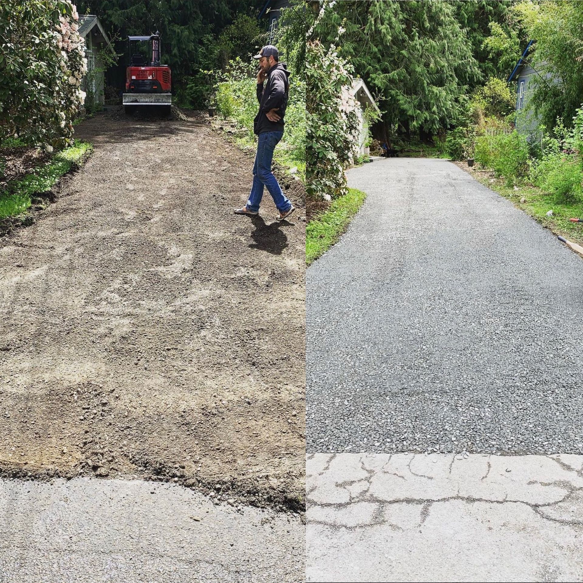 A man walking down a dirt road next to a road that has been paved