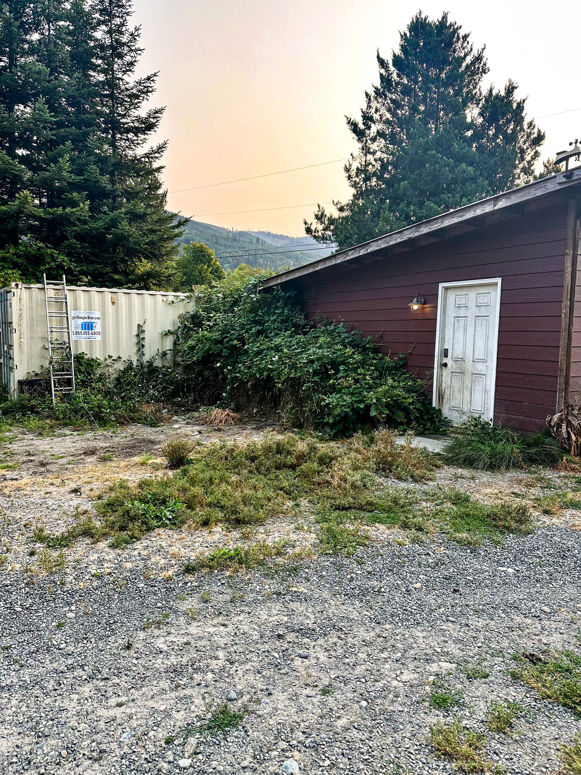 A red brick building with a white door is surrounded by trees and gravel.