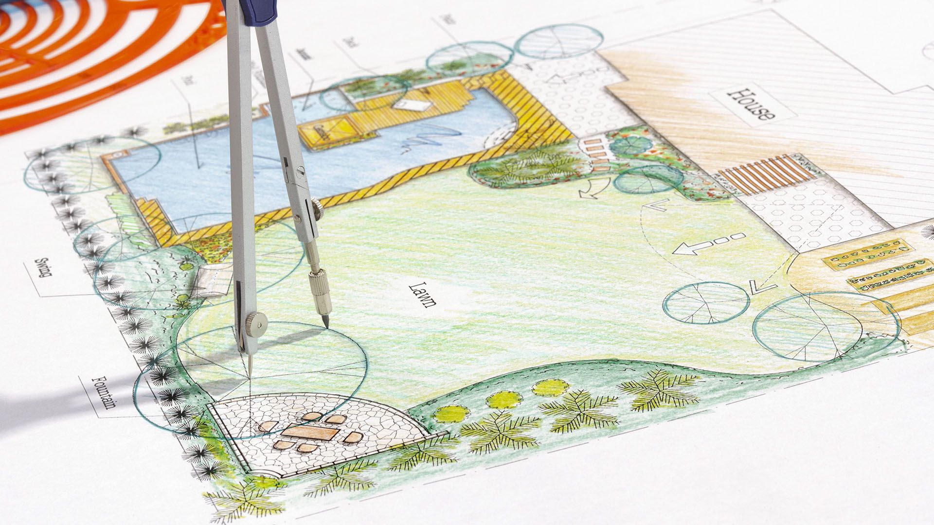 A landscape architectural plan with a compass, showcasing a backyard design with a pool, lawn, and fire pit.