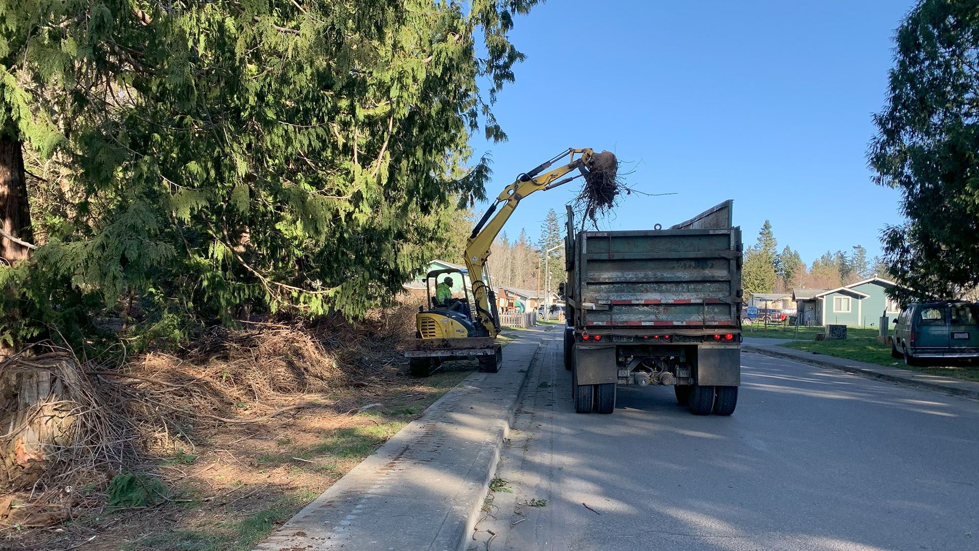 An excavator loads debris from a roadside into a dump truck on a sunny day.