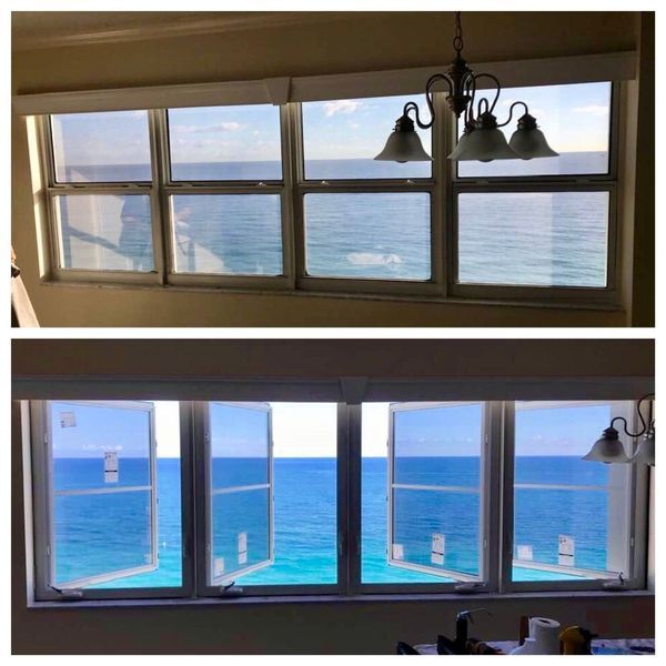 Top: Dirty, closed windows with ocean view. Bottom: Clean, open windows with same ocean view.