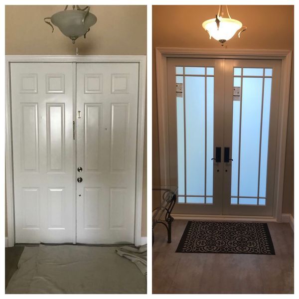 Before and after view of entry doors: solid white vs. frosted glass panes, with a rug.