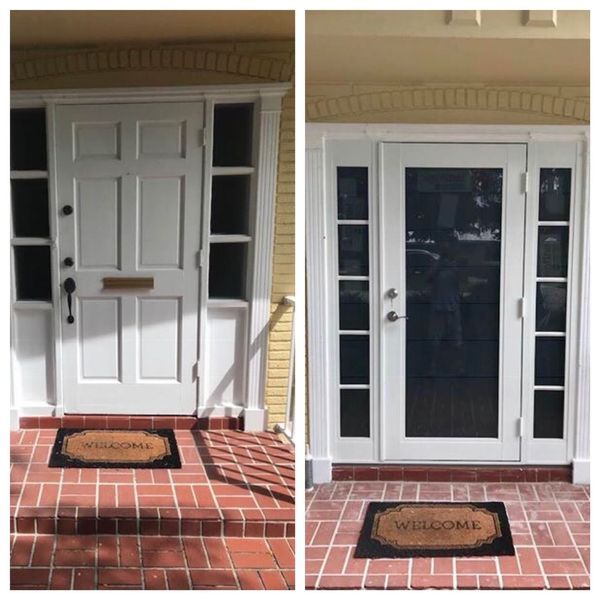 Two white front doors, one solid, one with glass, with welcome mats on brick steps.