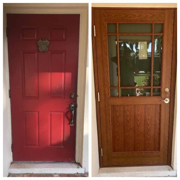 Two front doors side-by-side: a red paneled door and a brown door with a window.