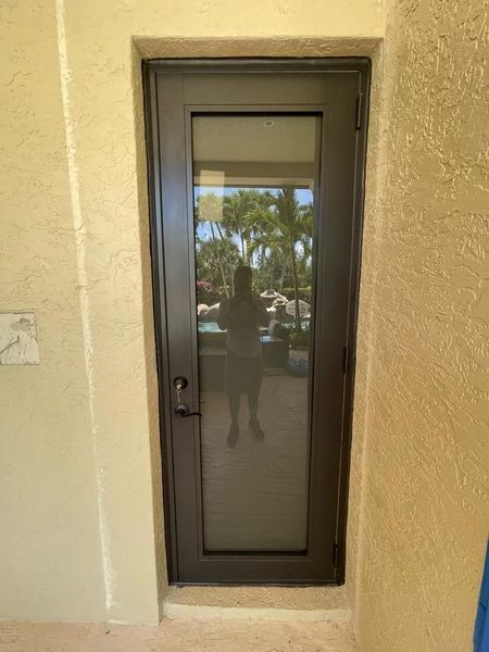 Dark brown door with glass panel set in tan stucco wall.