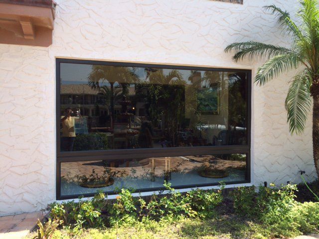 Large, tinted window on a white building, reflecting plants and some interior details.
