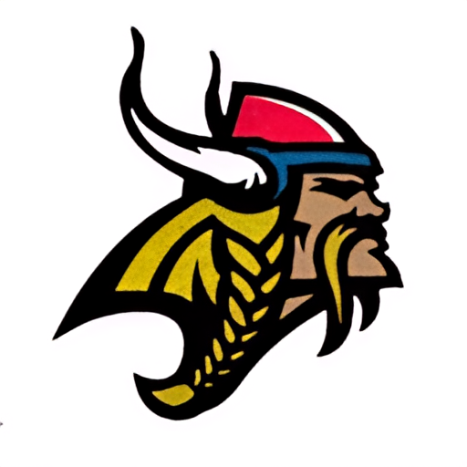 Viking head logo with black, yellow, red, blue, and brown colors.