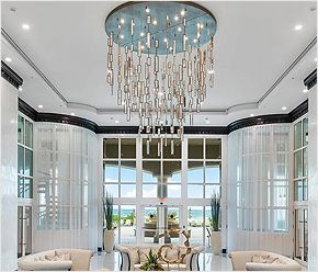 A large chandelier in the middle of the room.