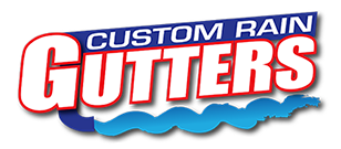 Custom Rain Gutters logo with blue and red text over a blue wave design