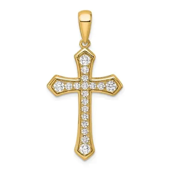 A yellow gold cross with diamonds on it