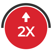 a red circle with a white arrow pointing up and the number 2x on it