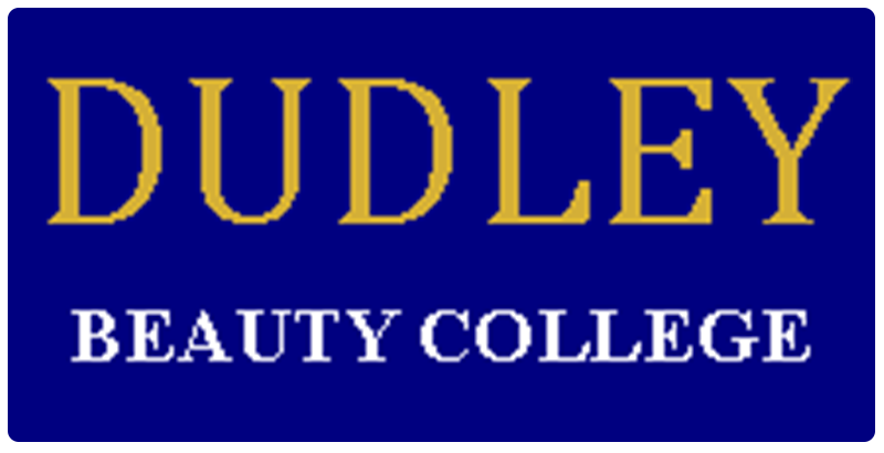 Dudley Beauty College logo: gold text "DUDLEY" above white text "BEAUTY COLLEGE" on a blue background.