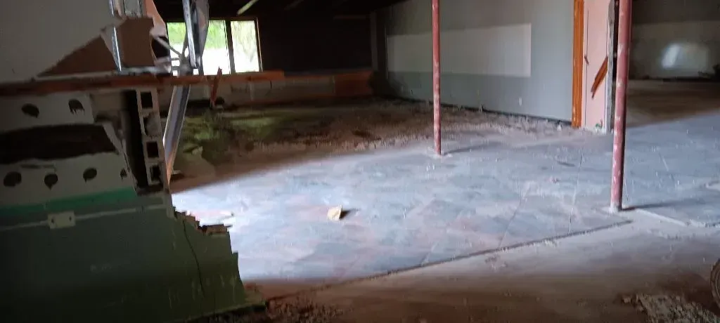 A damp, unfinished basement with concrete floor, support beams, and a dark, dirt-filled area.