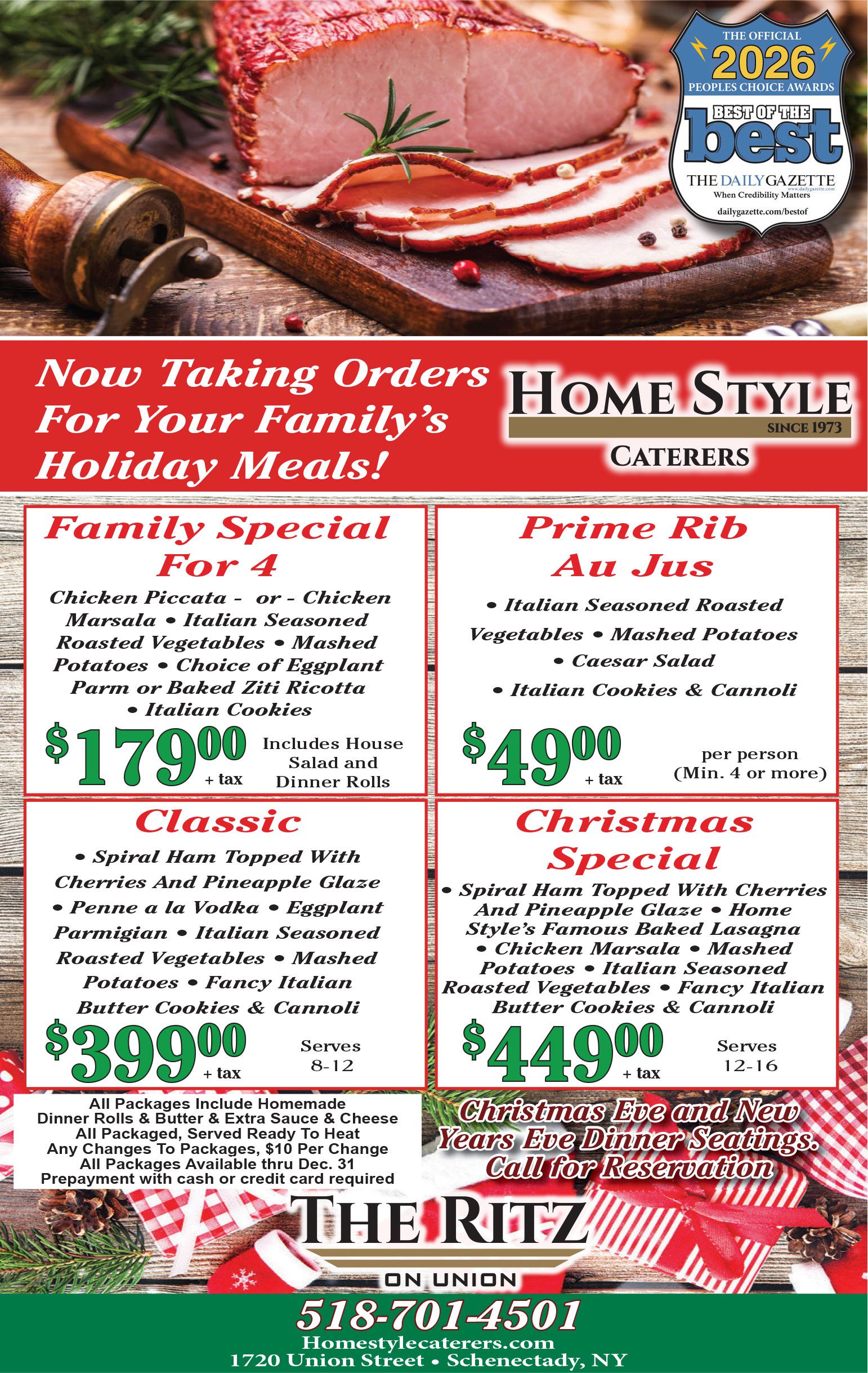 Holiday meat sale flyer with sliced beef and ham, featuring Family Special and Prime Rib prices.