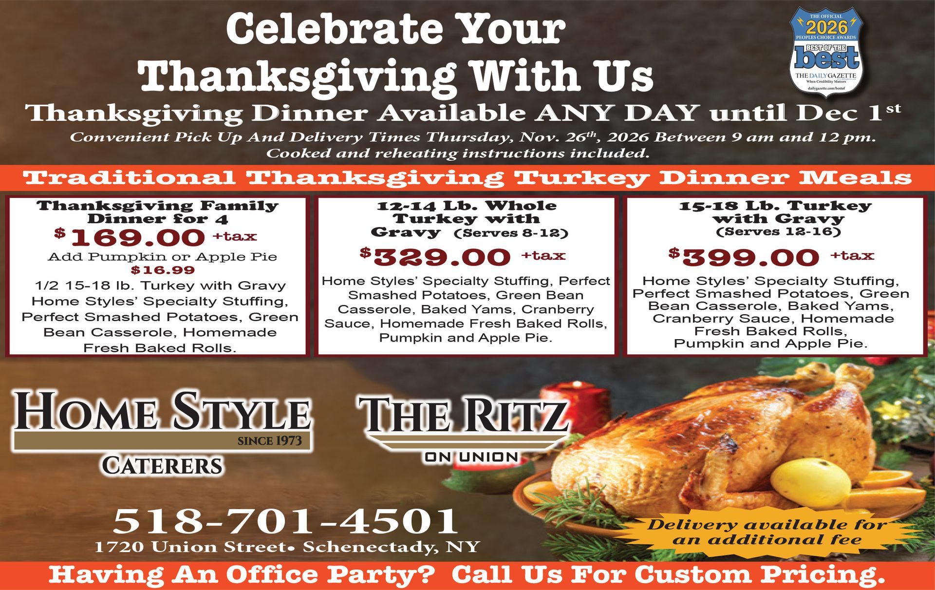 Thanksgiving takeout flyer for HomeStyle Caterers and The Ritz, with menu prices and roasted turkey image.